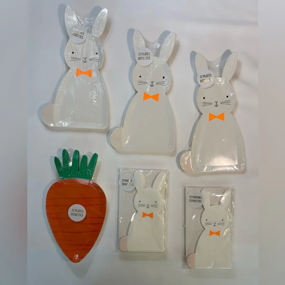 Meri Meri Bundle of Disposable Orange Carrot, White Bunny Plates and Napkins New